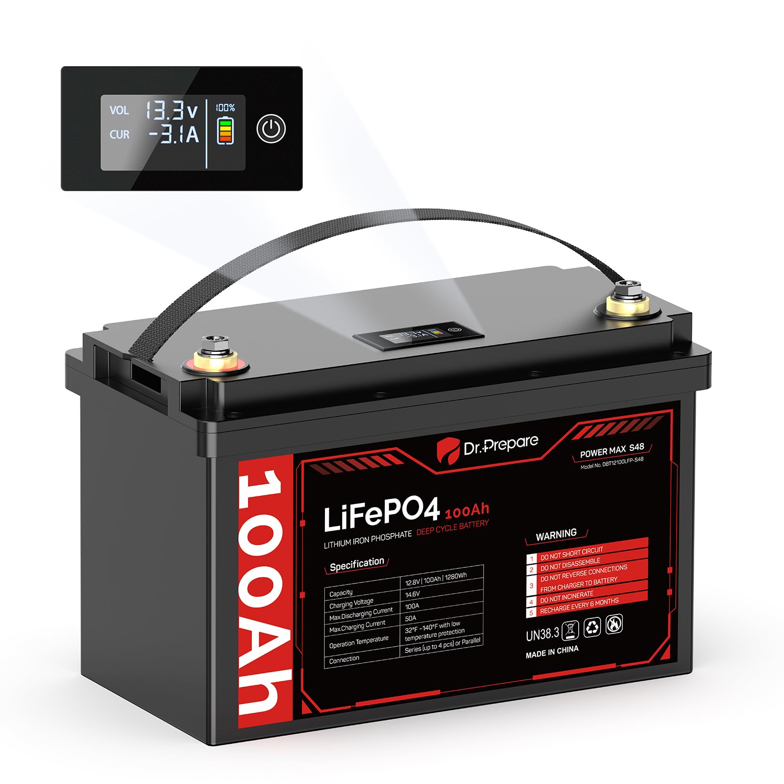 Dr.Prepare Dr. Prepare 12V 100Ah Lifepo4 Deep Cycle Battery,Rechargeable Lithium Iron Phosphate Battery With Monitor Screen,Buil